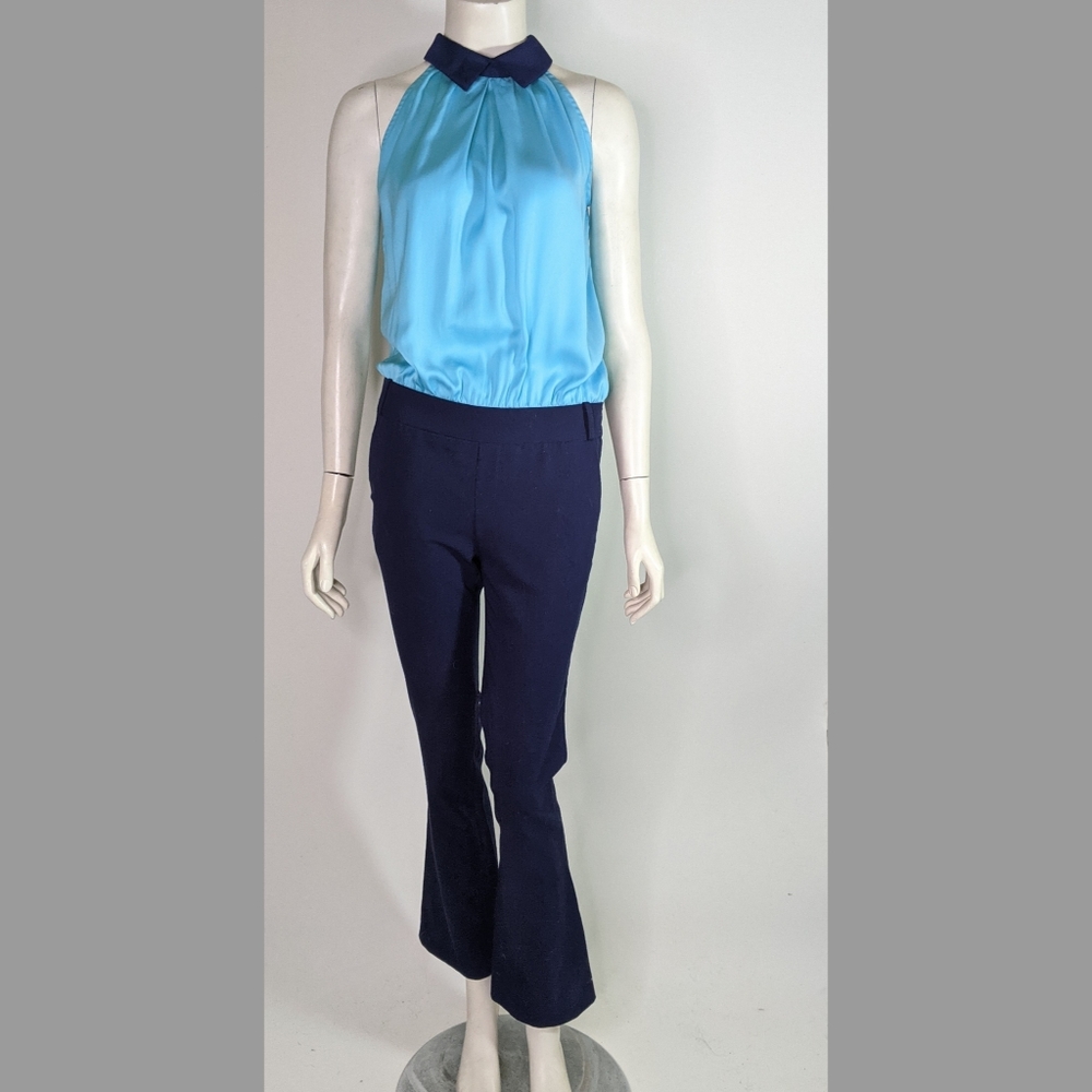 Blue Jumpsuit Two Tone Sleeveless High Neck Smooth Stretch Pants XXS Mod